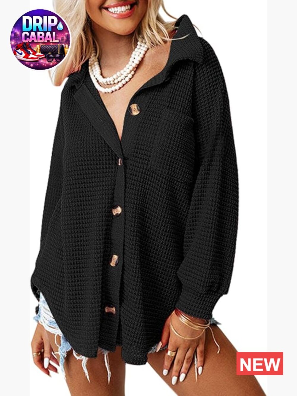 Waffle Knit Button Down Shacket Lightweight Long Sleeve Blouse